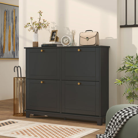 Black homcom narrow shoe storage cabinet with four flip drawers gold knobs and adjustable shelves for 16 pairs of shoes