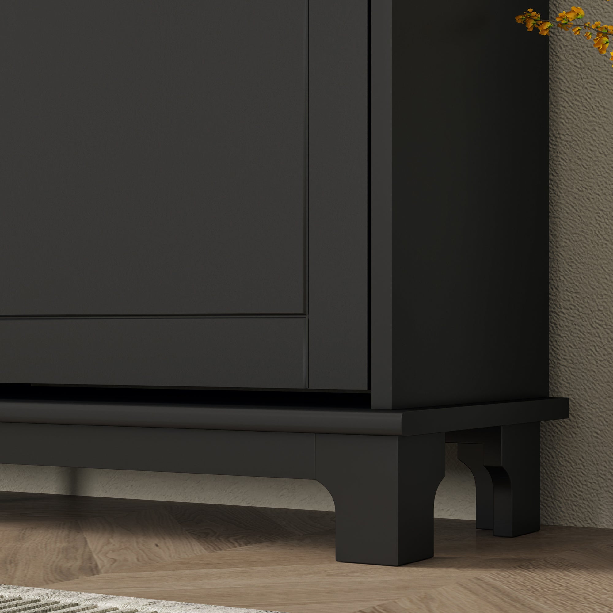 Black wooden homcom shoe storage cabinet with 4 flip drawers and beveled edges for slim shoe storage