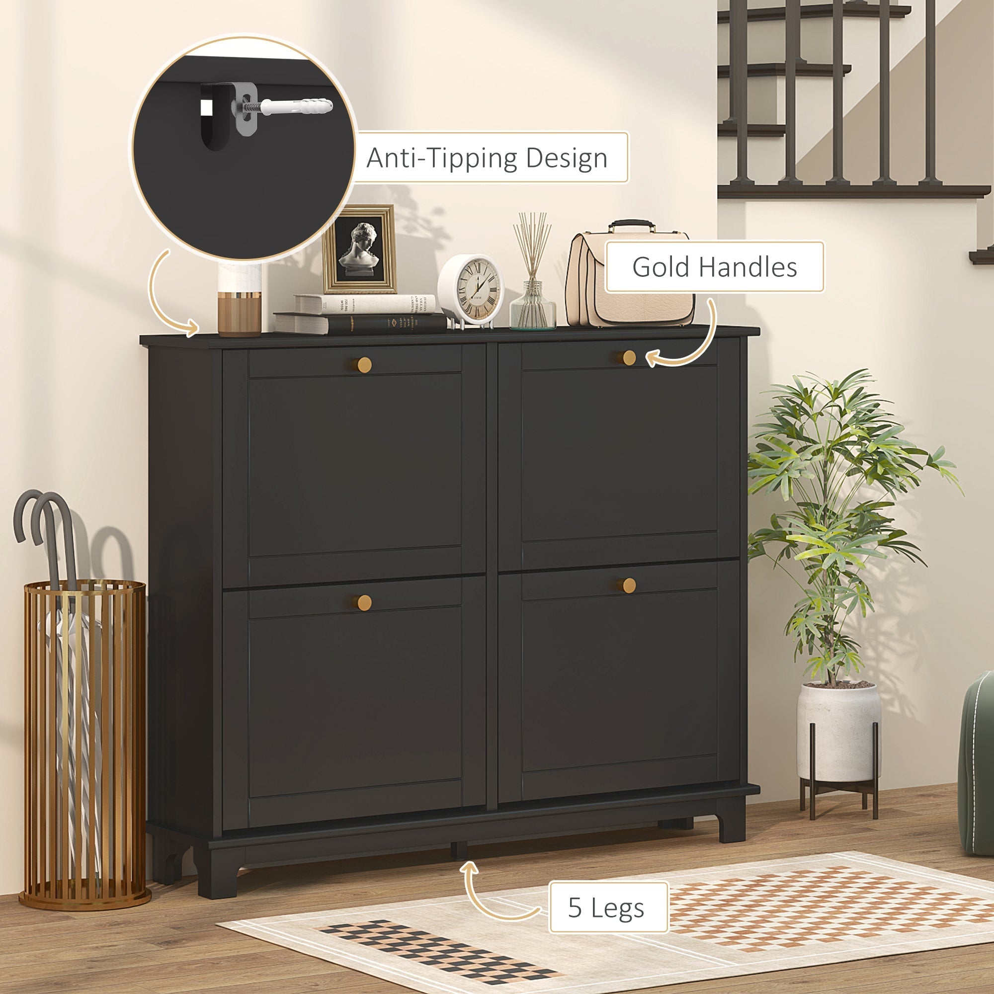 Black narrow shoe storage cabinet with gold handles flip drawers and anti tipping design for 16 pairs of shoes