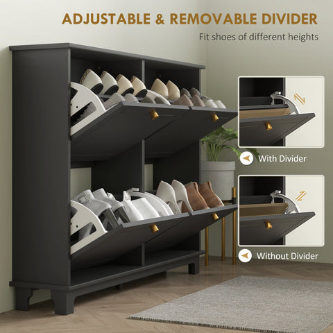 Black HOMCOM shoe storage cabinet with gold hardware featuring adjustable and removable dividers and flip drawers