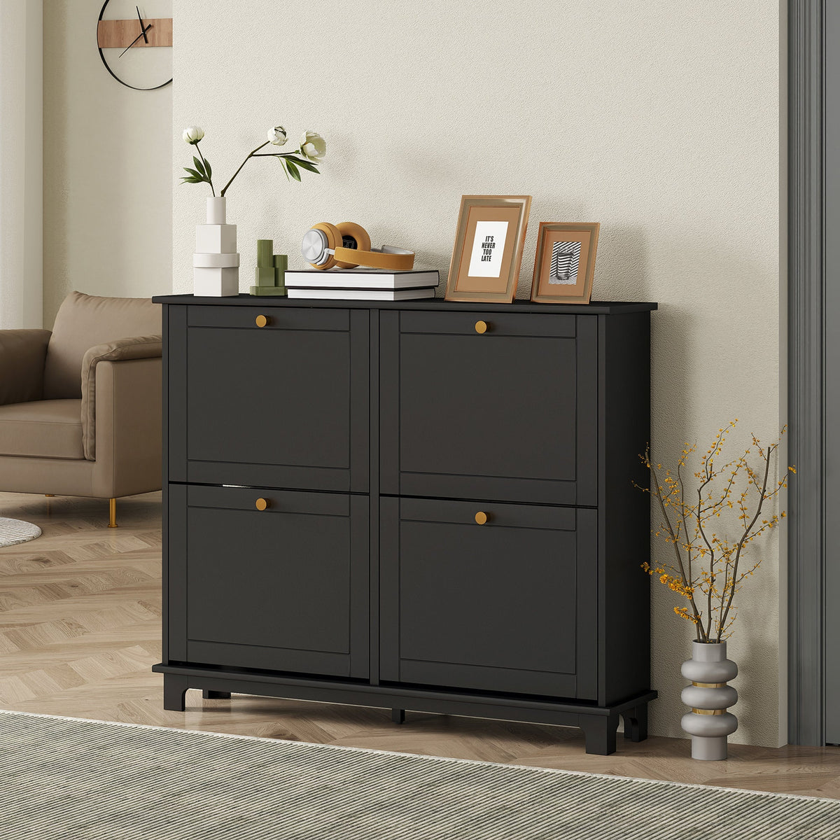 Black homcom shoe storage cabinet with four flip drawers, gold knobs, slim design, and adjustable shelves for 16 pairs