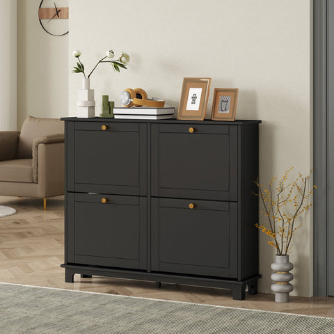 Black homcom shoe storage cabinet with four flip drawers, gold knobs, slim design, and adjustable shelves for 16 pairs