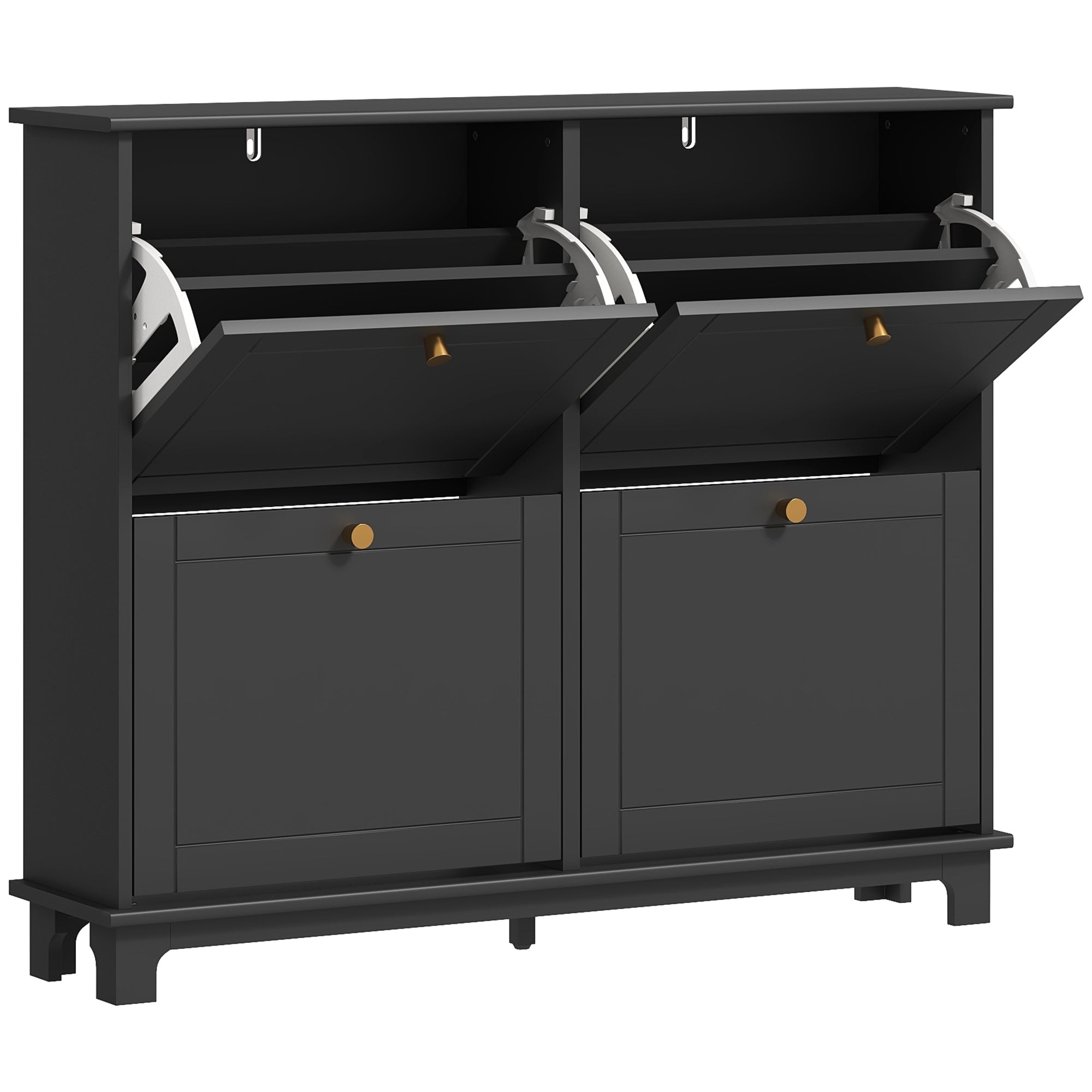 Black wooden HOMCOM narrow shoe storage cabinet with two pull-out flip drawers and gold-tone handles for shoes
