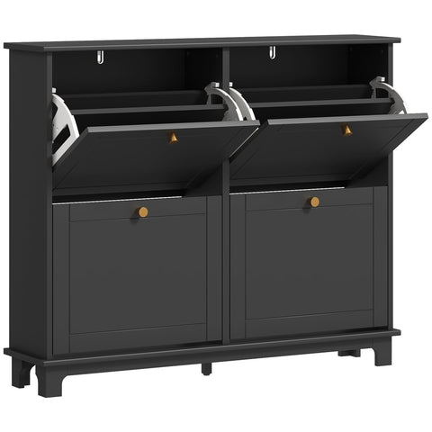 Black wooden HOMCOM narrow shoe storage cabinet with two pull-out flip drawers and gold-tone handles for shoes
