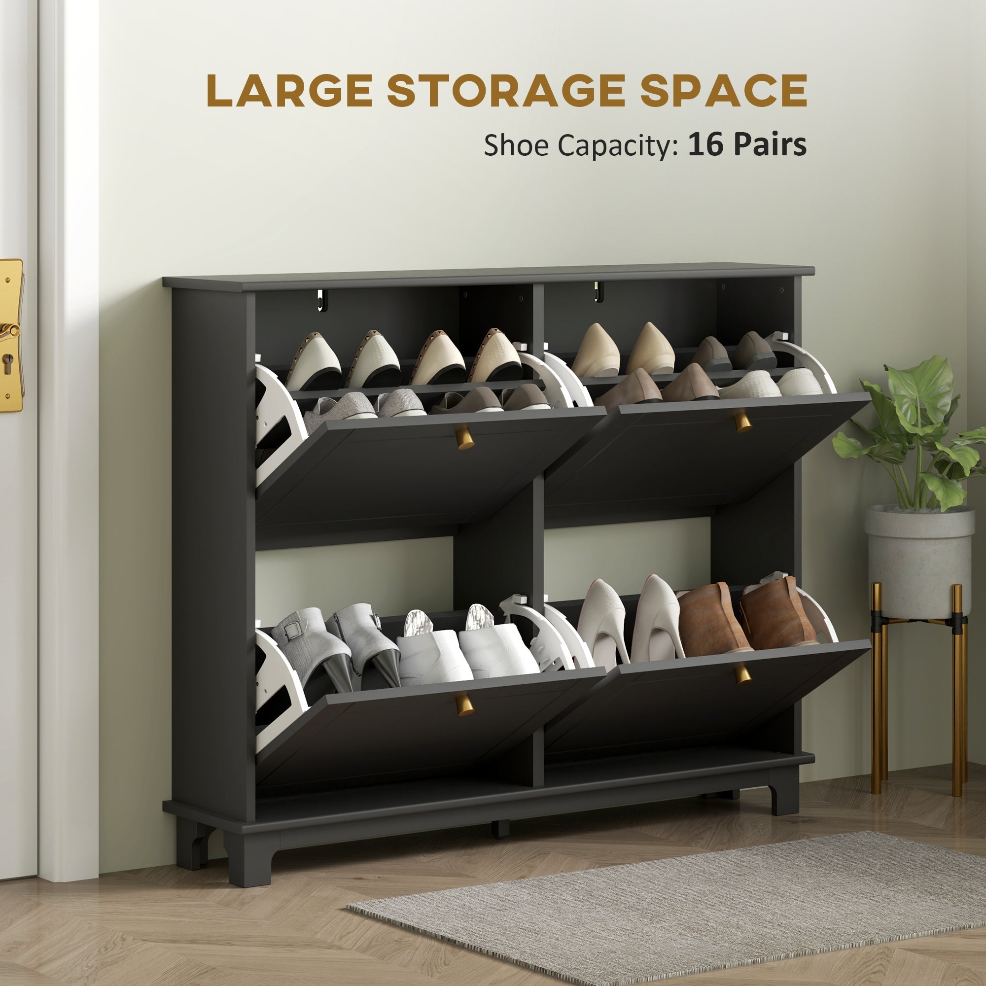 Dark gray homcom narrow shoe storage cabinet with four flip drawers and two pull-out shelves for 16 pairs of shoes