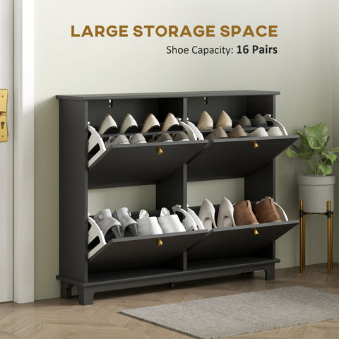 Dark gray homcom narrow shoe storage cabinet with four flip drawers and two pull-out shelves for 16 pairs of shoes