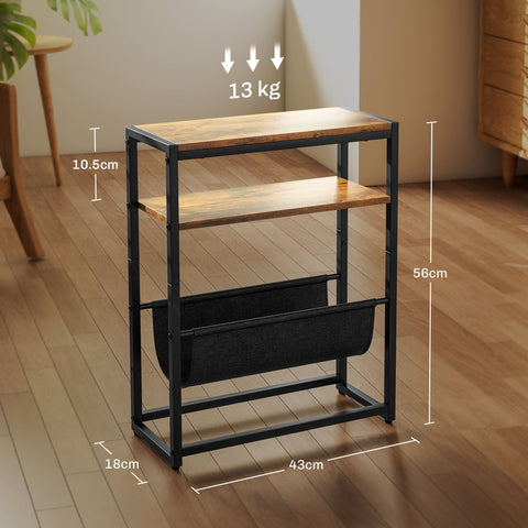 Homcom narrow side table with steel frame rustic brown wooden shelves and black fabric magazine rack for living room