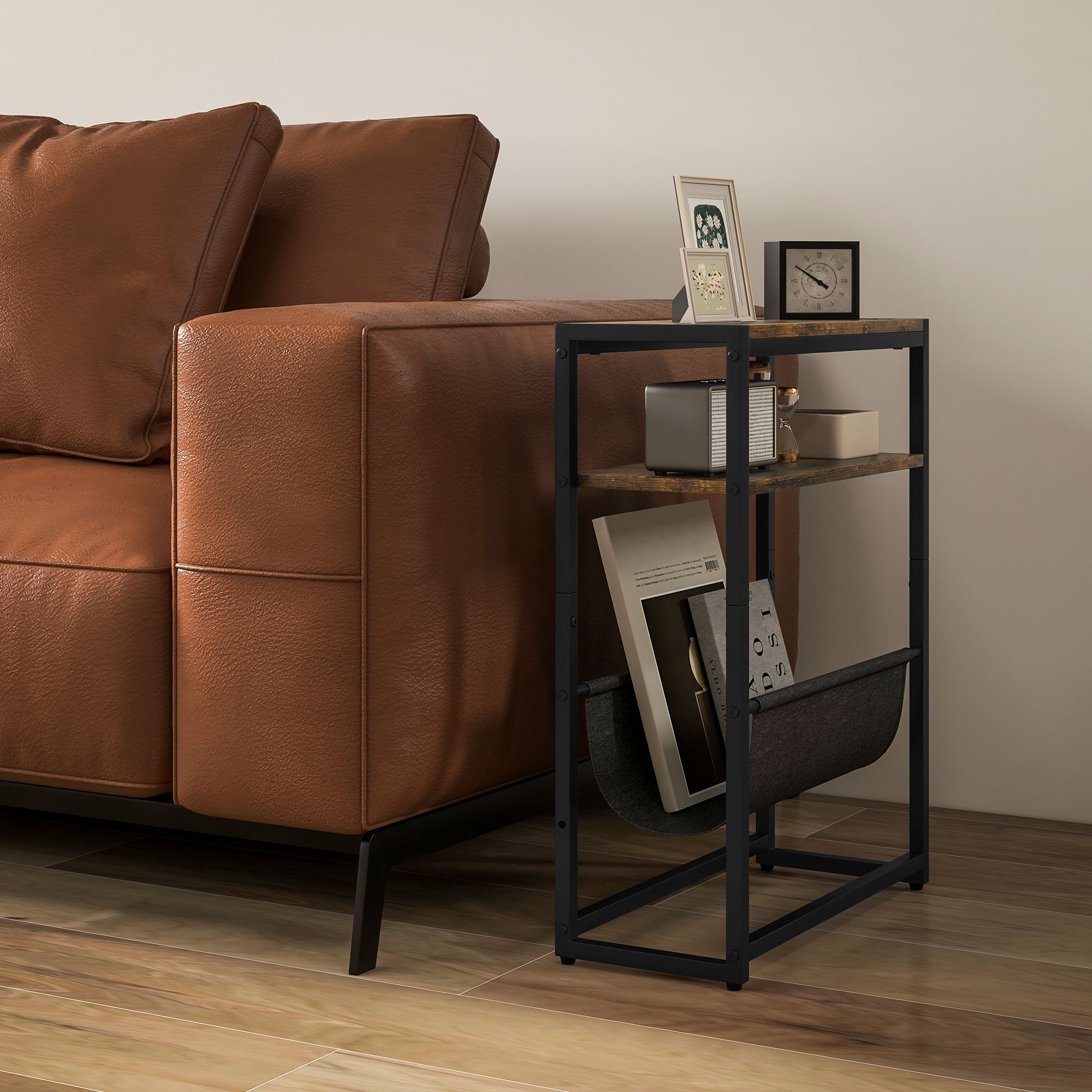 Homcom narrow side table with rustic brown wooden shelves and black steel frame featuring upper shelf storage