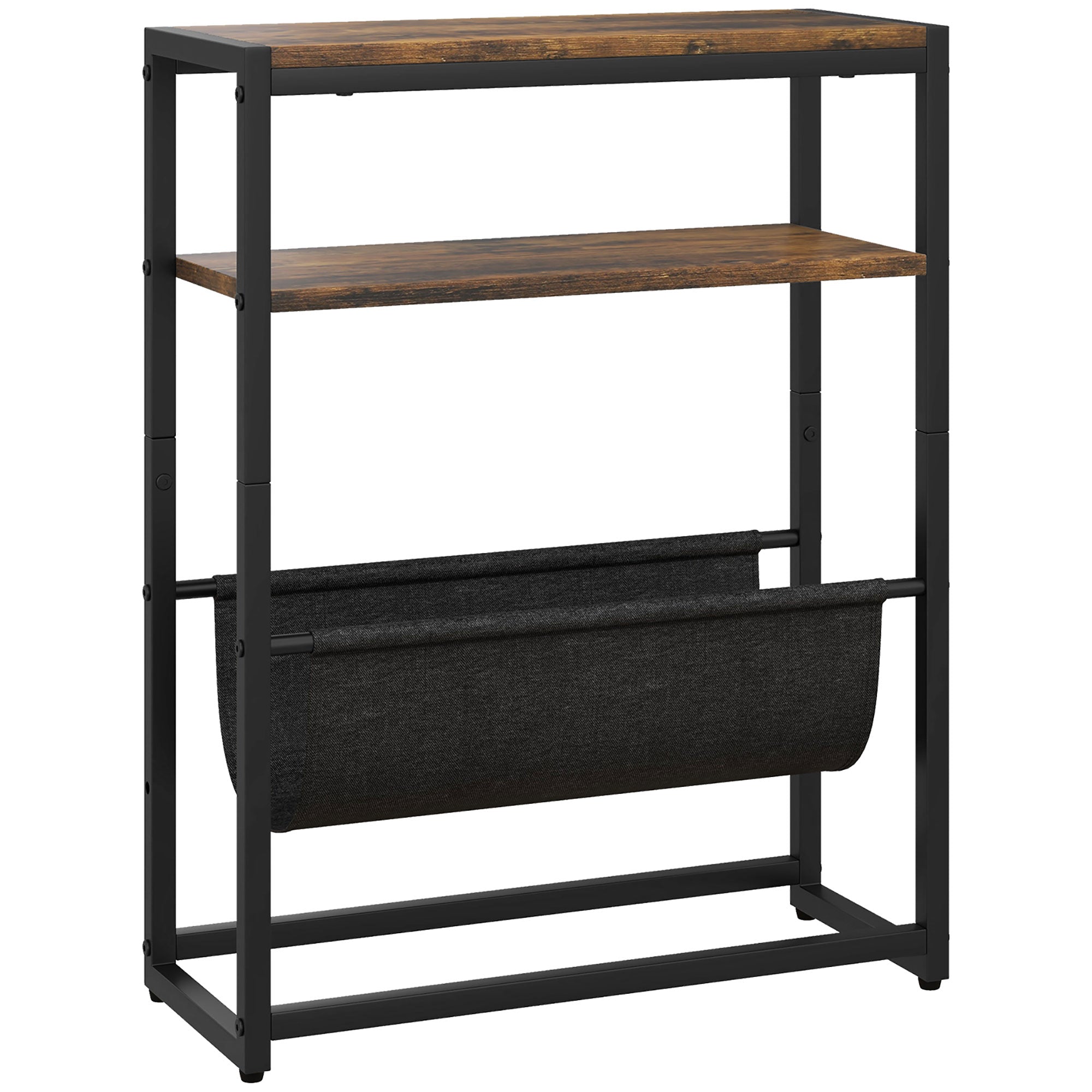 Homcom narrow side table with steel frame, two rustic brown wood shelves, and black fabric magazine holder for living room