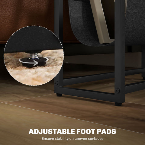 Black adjustable foot pads with metallic center and rubber base for stability on the rustic brown steel frame homcom narrow side table with upper shelf