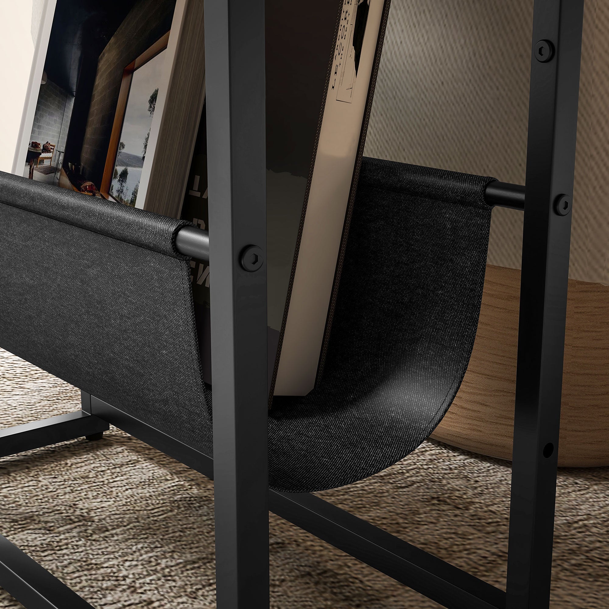 Homcom narrow side table with rustic brown textured fabric insert steel frame and upper shelf for living room storage