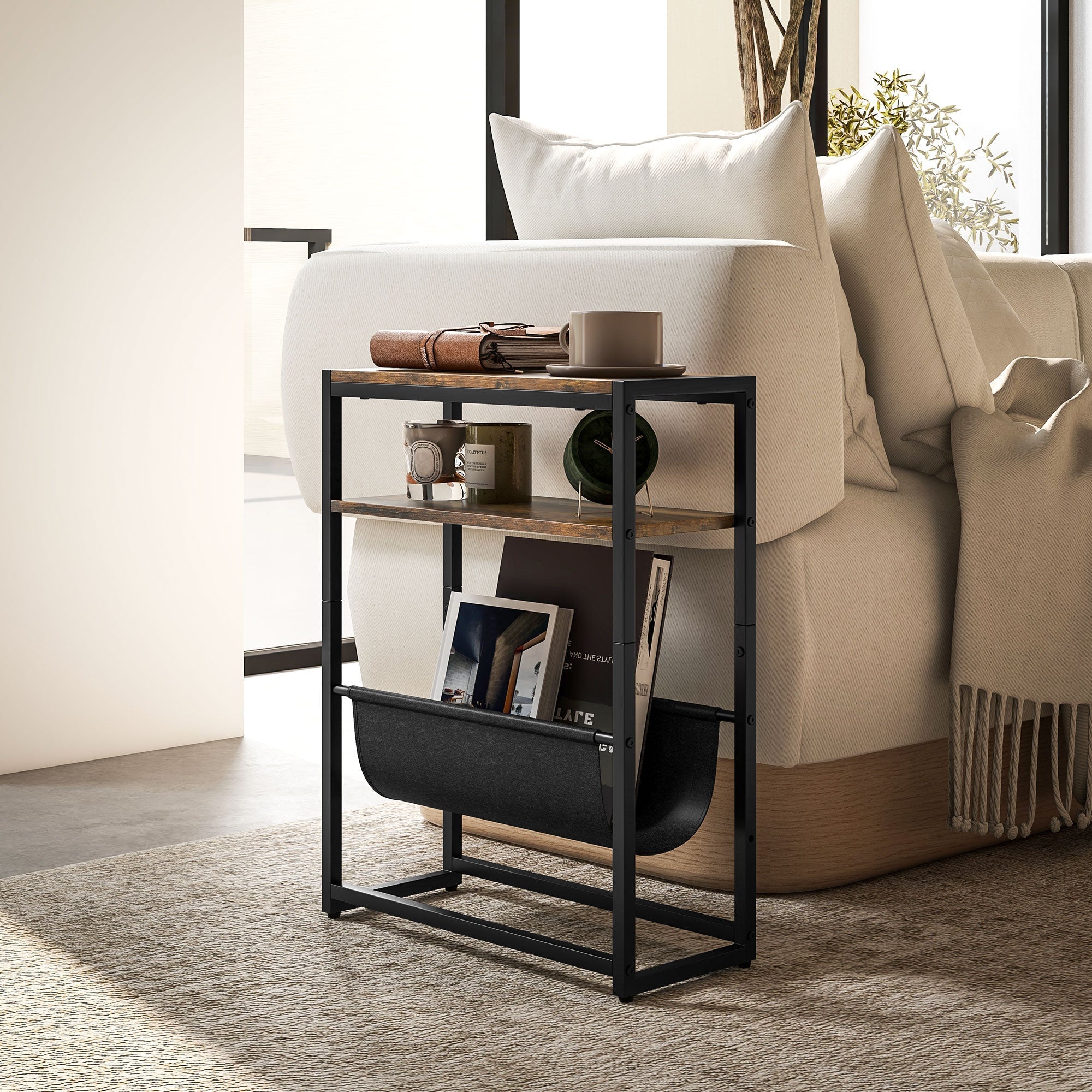 Black metal frame side table with rustic brown wooden upper shelf and steel frame featuring v-shaped magazine rack
