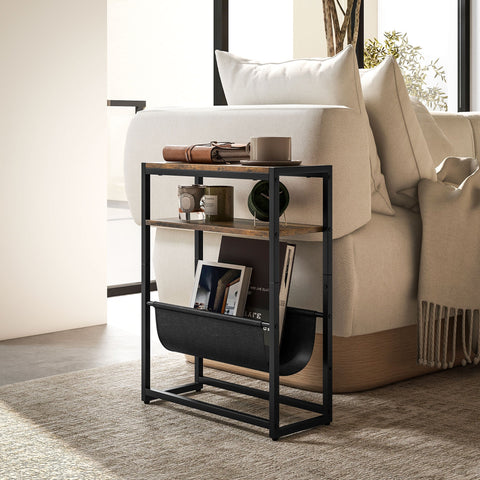 Black metal frame side table with rustic brown wooden upper shelf and steel frame featuring v-shaped magazine rack