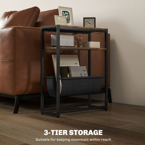 Black metal frame narrow side table with rustic brown wood shelves and dark gray fabric magazine holder for living room