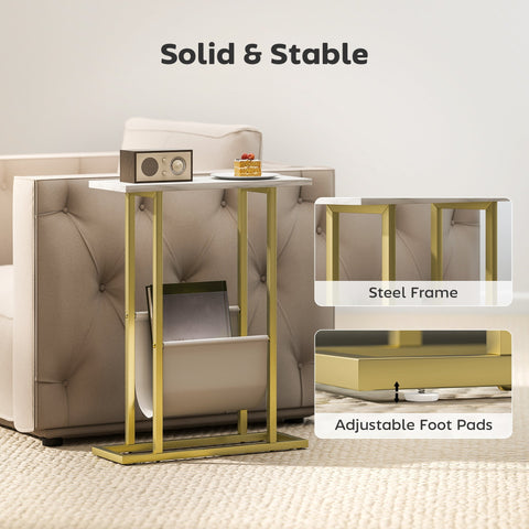 Gold steel frame end table with white marble grain top and integrated lower shelf magazine holder for small spaces