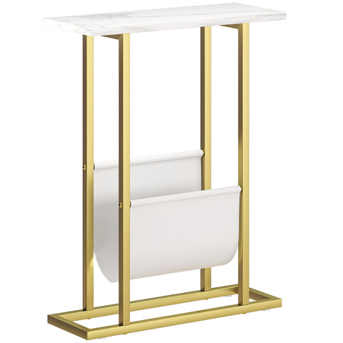 Homcom end table with gold metal frame white marble grain top and lower shelf magazine holder for small spaces