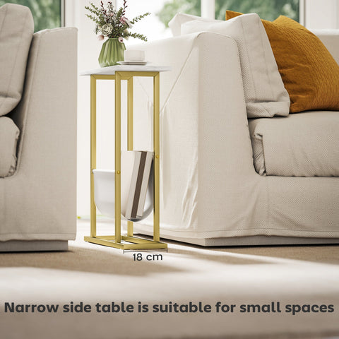 Homcom gold metal frame end table with white marble grain top and lower shelf magazine holder for small spaces