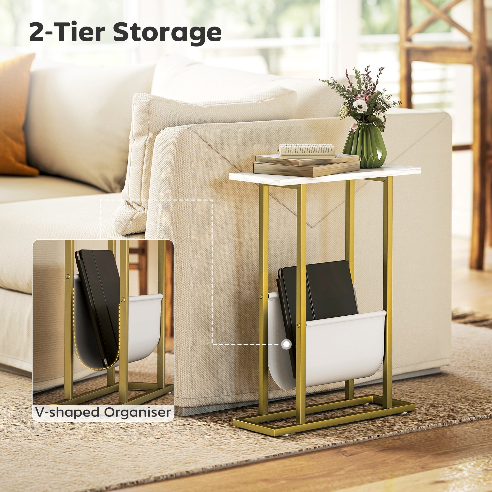 Homcom end table with gold metal frame white marble grain top and v-shaped organizer compartment on lower shelf
