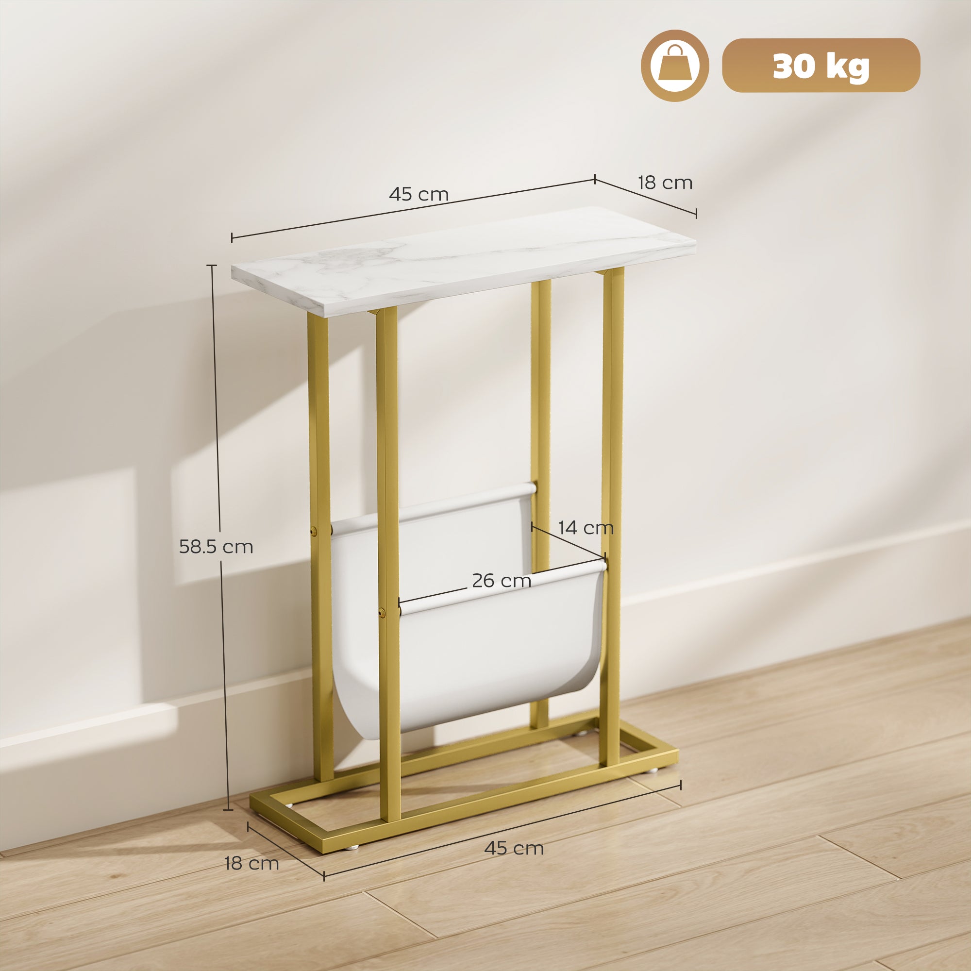Homcom gold metal frame end table with white marble grain top and lower shelf magazine holder for small spaces