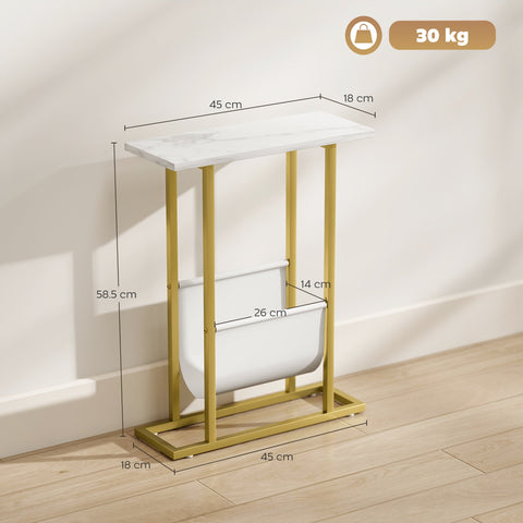 Homcom gold metal frame end table with white marble grain top and lower shelf magazine holder for small spaces