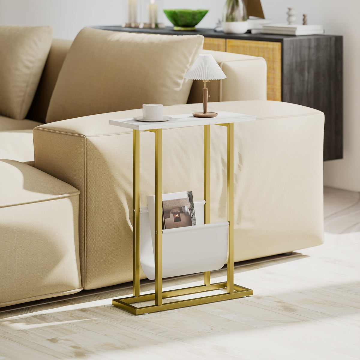 Gold metal frame end table with white marble grain top and lower shelf magazine rack for small spaces