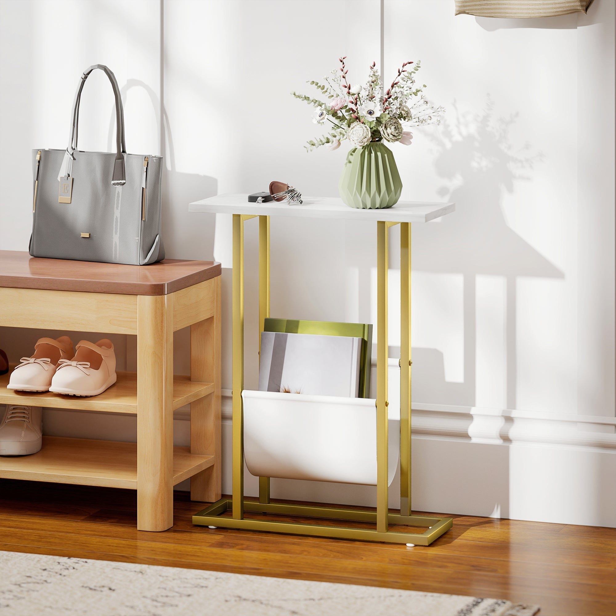 Gold metal framed end table with white marble grain top and lower shelf magazine holder for small spaces