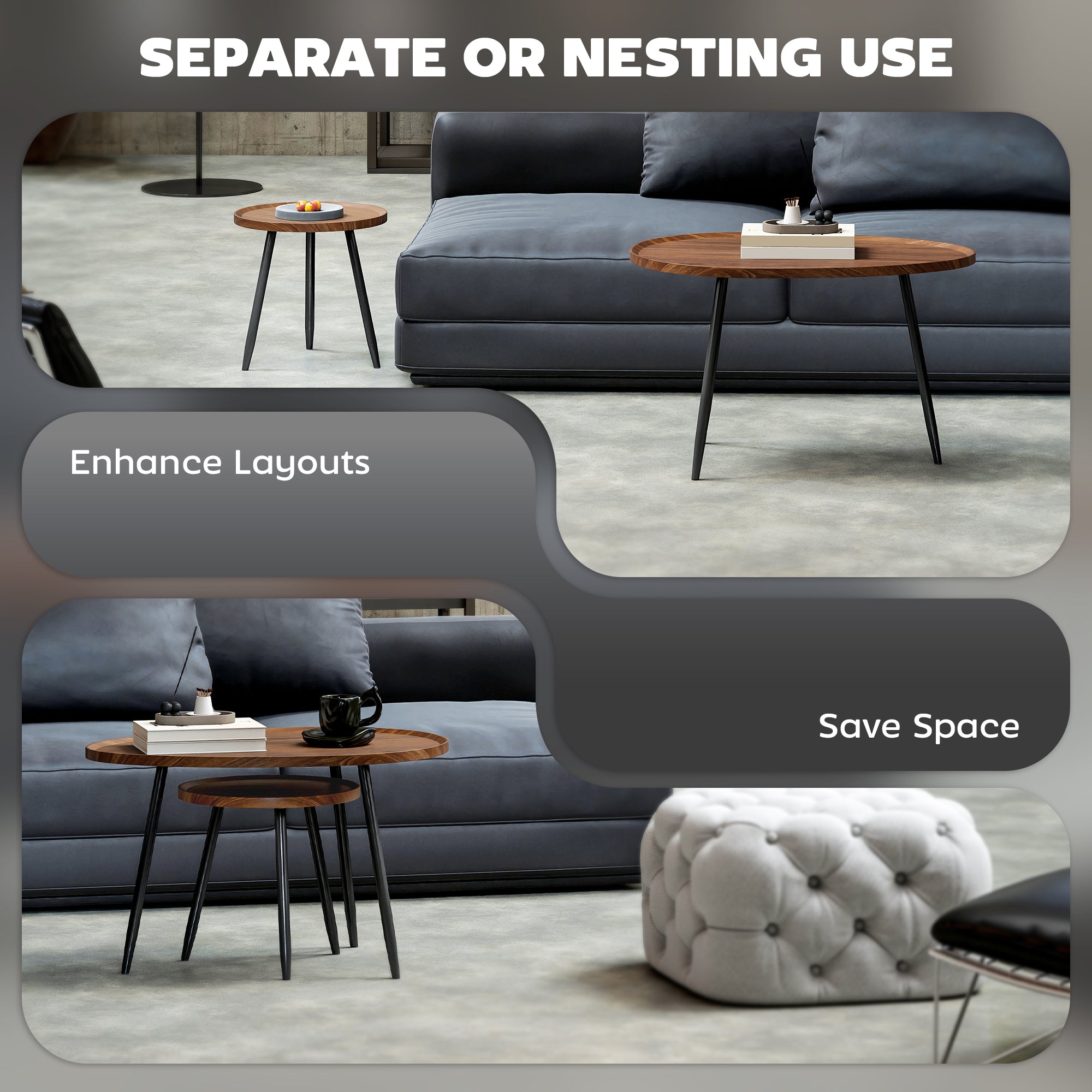 Set of three round wooden coffee tables with sleek matte black metal legs and chestnut wood effect for living room use