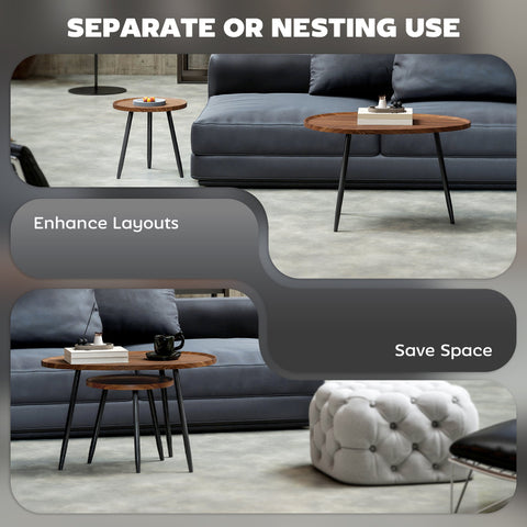 Set of three round wooden coffee tables with sleek matte black metal legs and chestnut wood effect for living room use