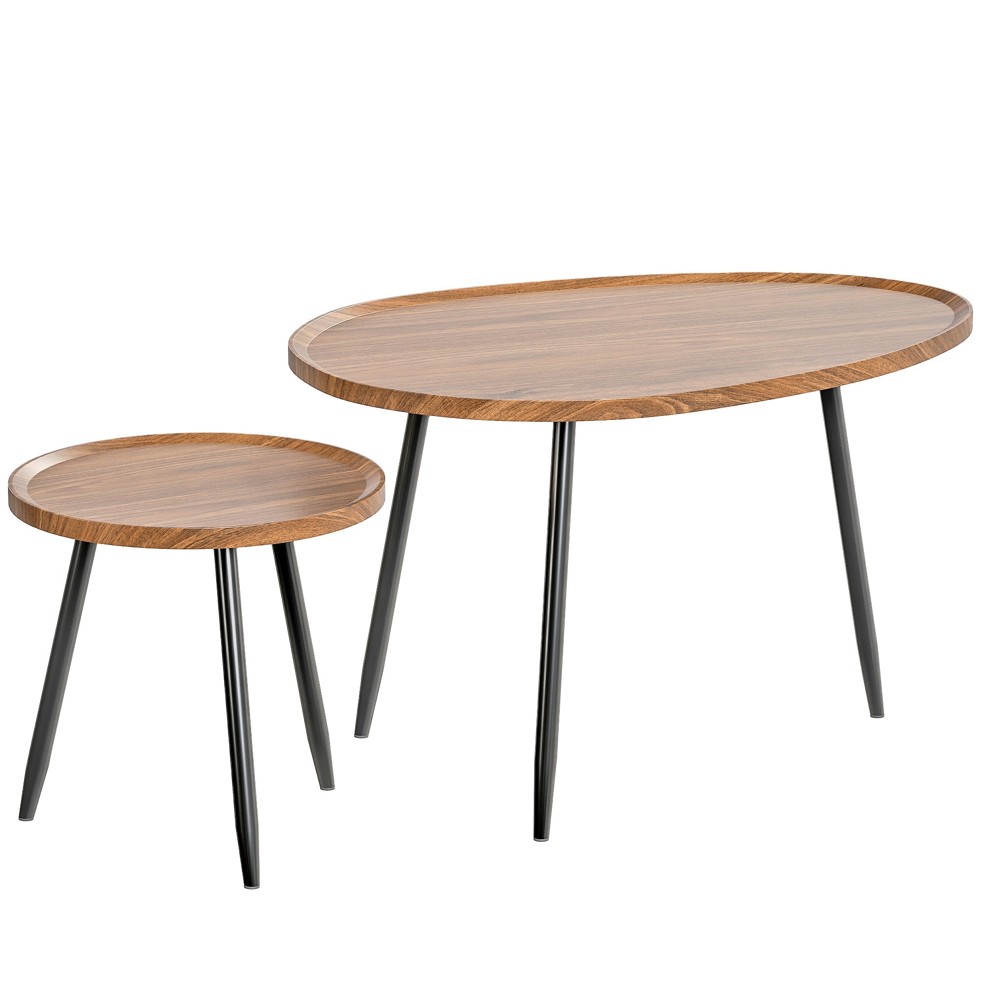 Set of two oval nesting coffee tables with chestnut wood effect tops and sleek matte black metal legs for living room use