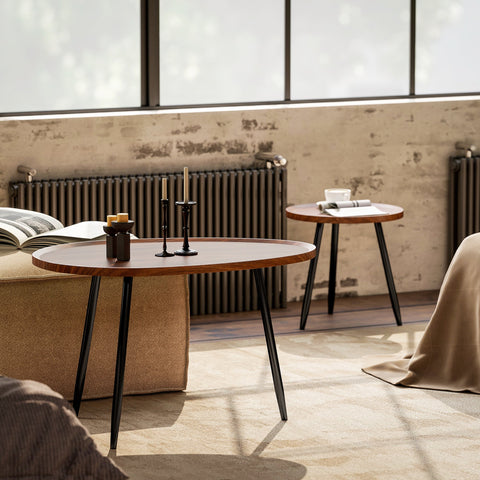 Round wooden coffee table with sleek matte black metal legs and chestnut wood effect for living room or office use