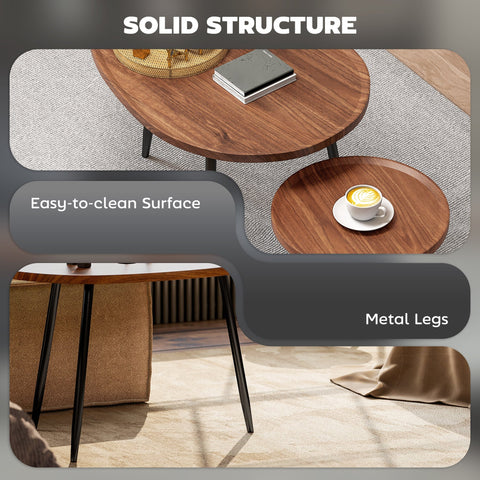 Modern oval nesting coffee tables with chestnut wood effect top and sleek matte black metal legs for living room use