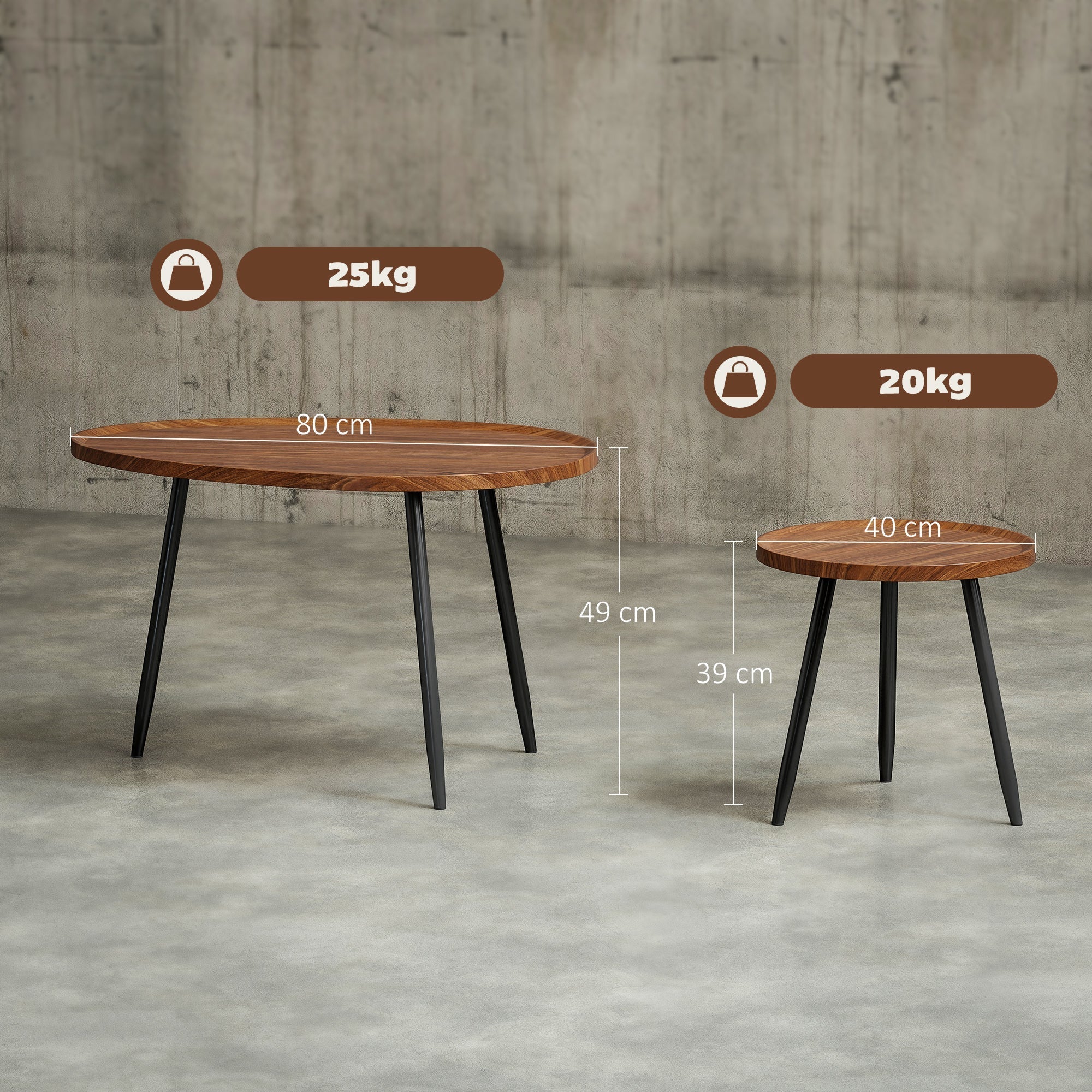 Two oval chestnut wood effect coffee tables with sleek matte black metal legs nesting for living room or office use