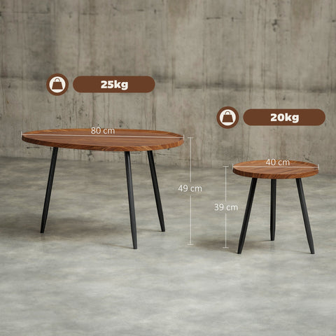 Two oval chestnut wood effect coffee tables with sleek matte black metal legs nesting for living room or office use