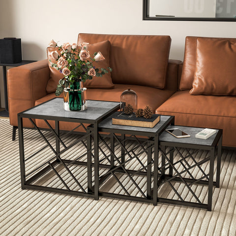 Set of three nesting coffee tables with black metal frame and grey stone tops perfect for living room or office use