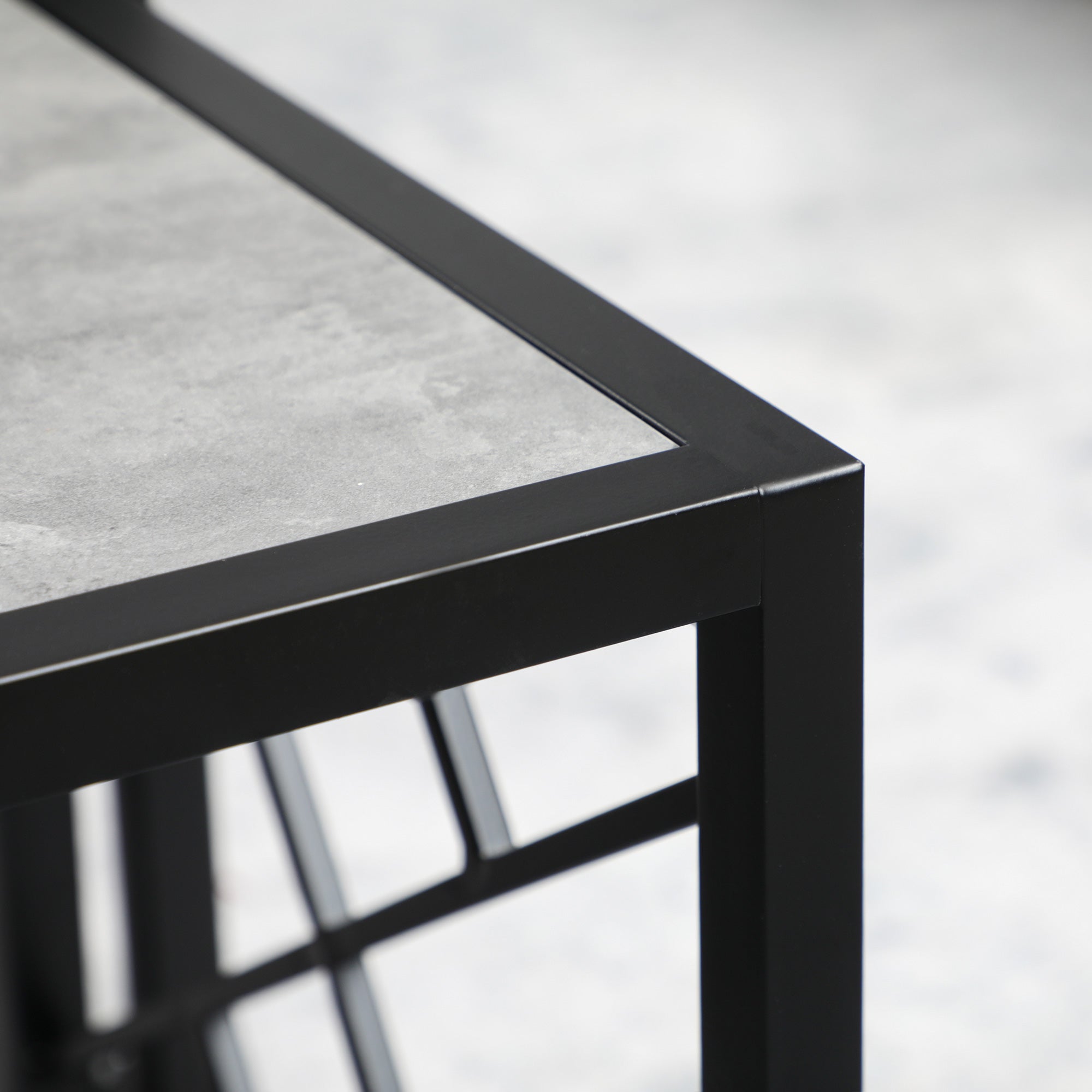 Black metal frame nesting coffee tables set of 3 with gray concrete top for living room and office use