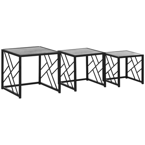 Set of three nesting coffee tables with black metal frame and gray stone tops perfect for living room or office use