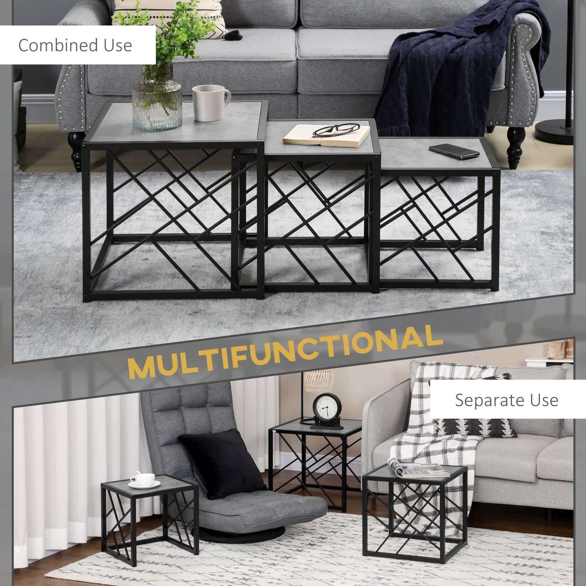 Set of three homcom nesting coffee tables with black metal frame and gray stone tops for living room use