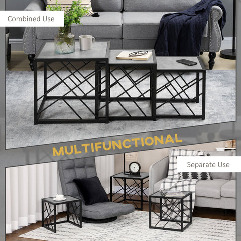 Set of three homcom nesting coffee tables with black metal frame and gray stone tops for living room use
