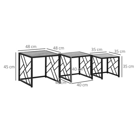 Set of three homcom nesting coffee tables with black metal frame geometric bases and gray stone-like tops for living room