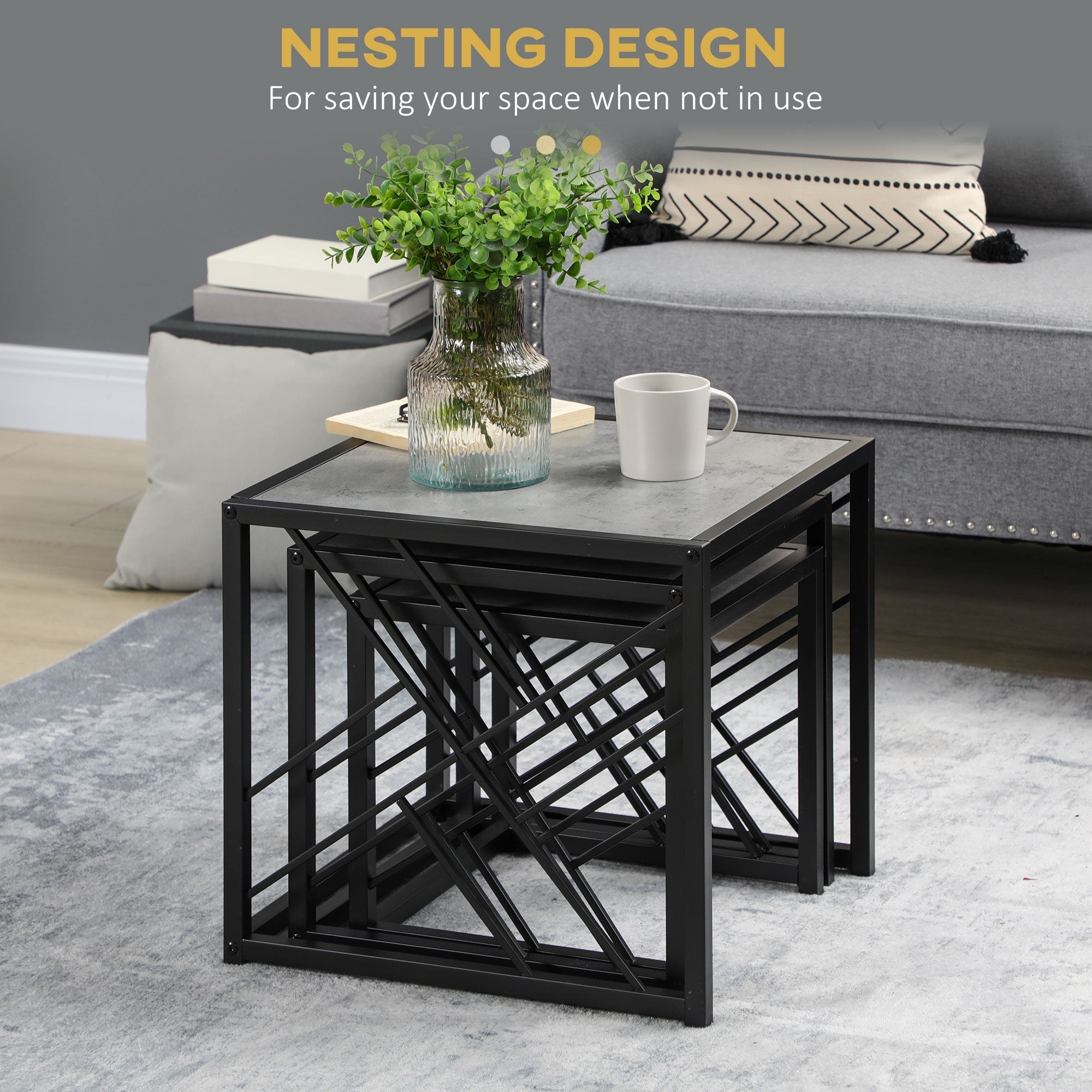 Set of three homcom nesting coffee tables with gray concrete tops and black metal frame for living room use