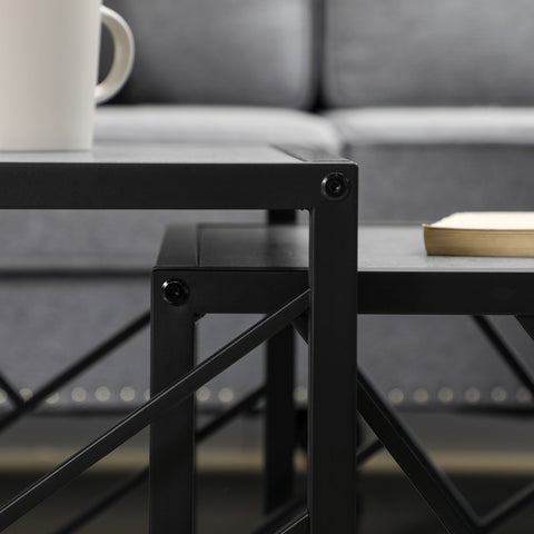 Homcom nesting coffee tables set of 3 with black metal frame and sleek geometric design for living room use