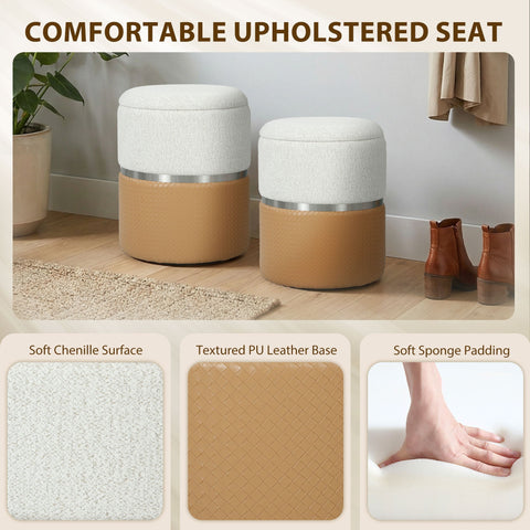 Homcom nesting round ottoman set of 2 with cream tan chenille tops textured pu leather bases and silver accents