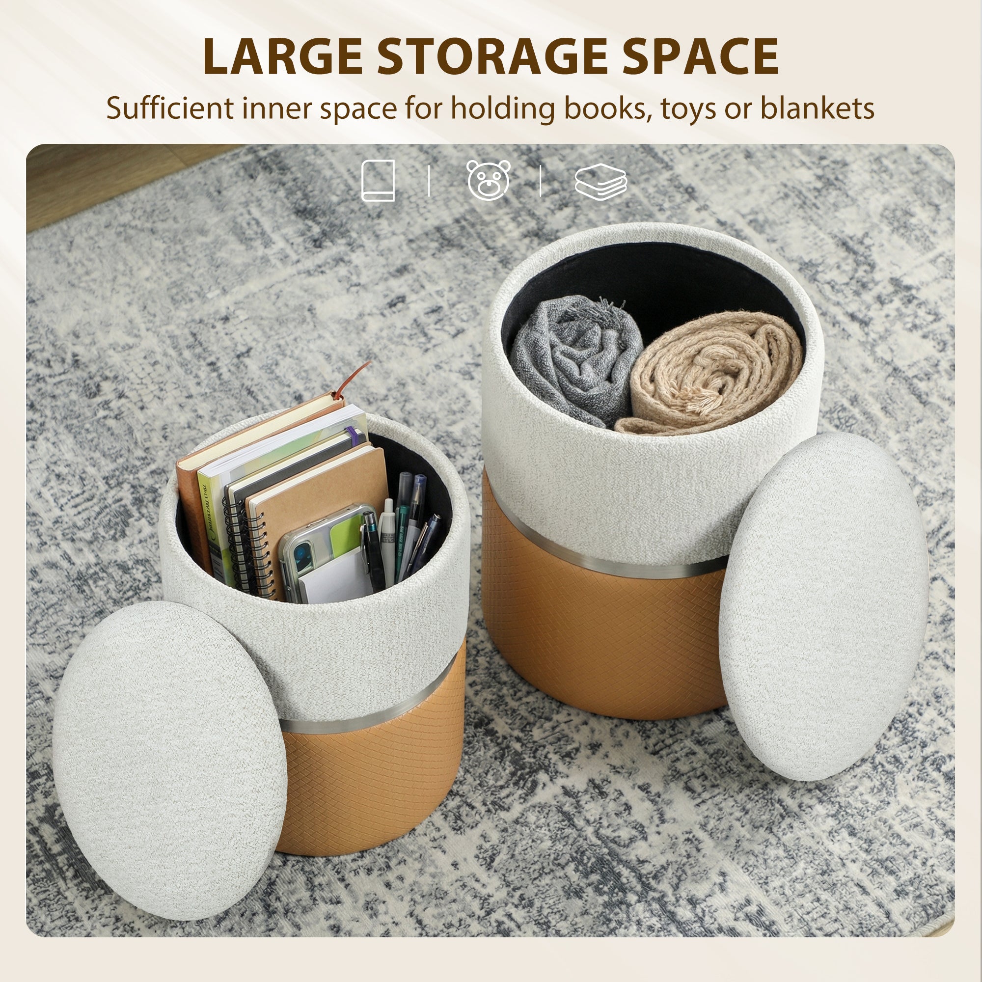 Two homcom nesting round ottomans with cream textured fabric tops and brown leather base with storage lids