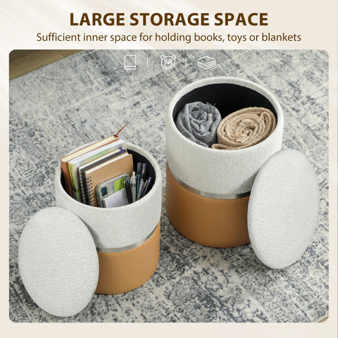 Two homcom nesting round ottomans with cream textured fabric tops and brown leather base with storage lids