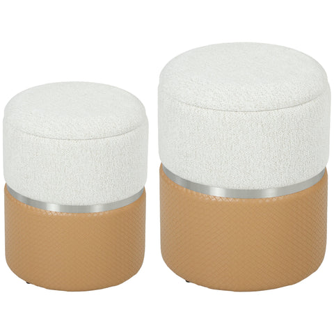 Set of 2 homcom nesting round ottomans with cream white fabric tops and brown woven leather bases with silver bands