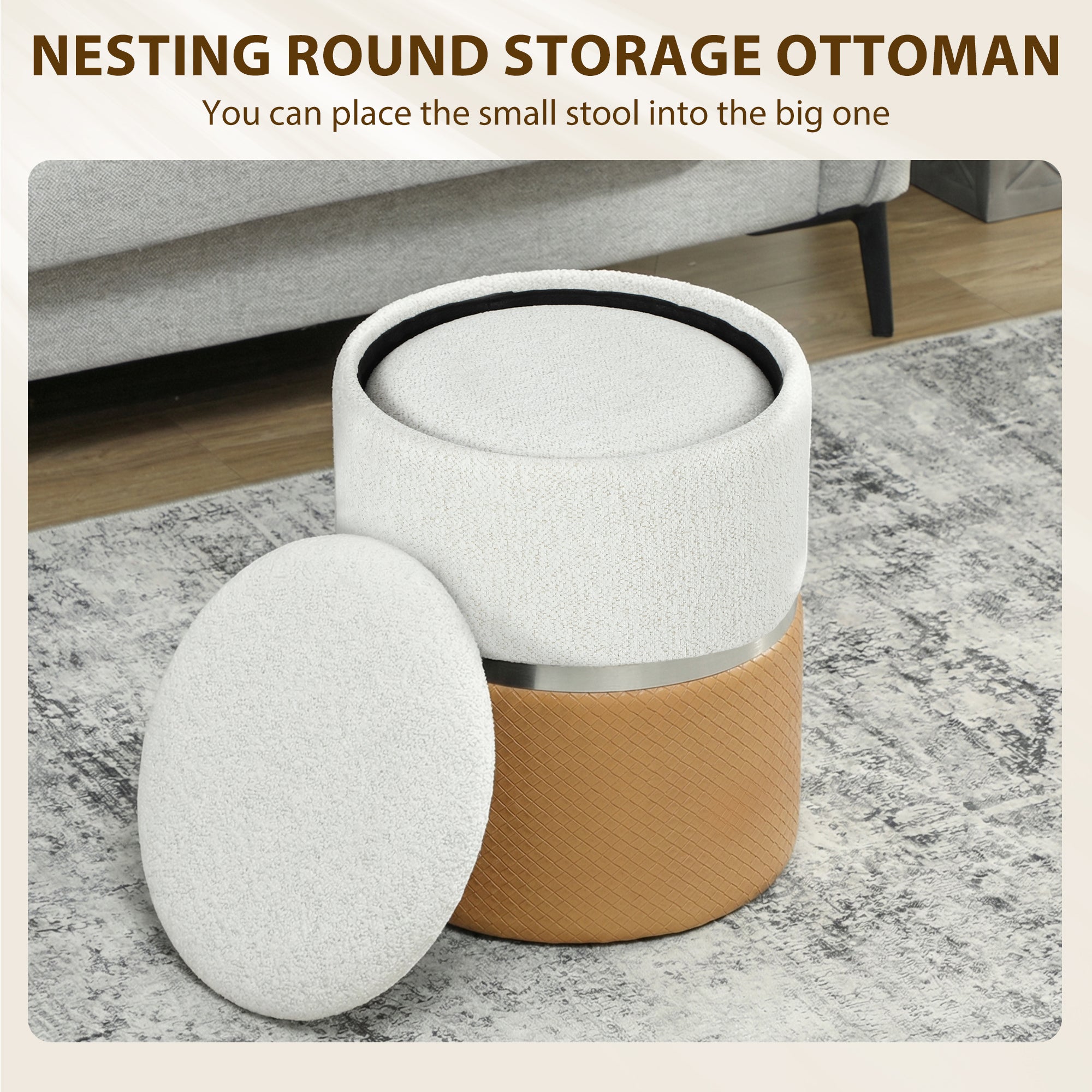 Homcom nesting round ottoman set of 2 with cream and brown leather-like base and textured fabric top with metallic trim