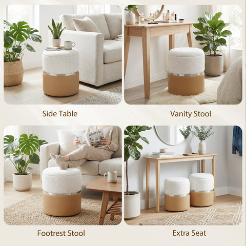 Cream-colored plush nesting ottoman with storage set of 2 featuring tan base and silver metallic band by HOMCOM