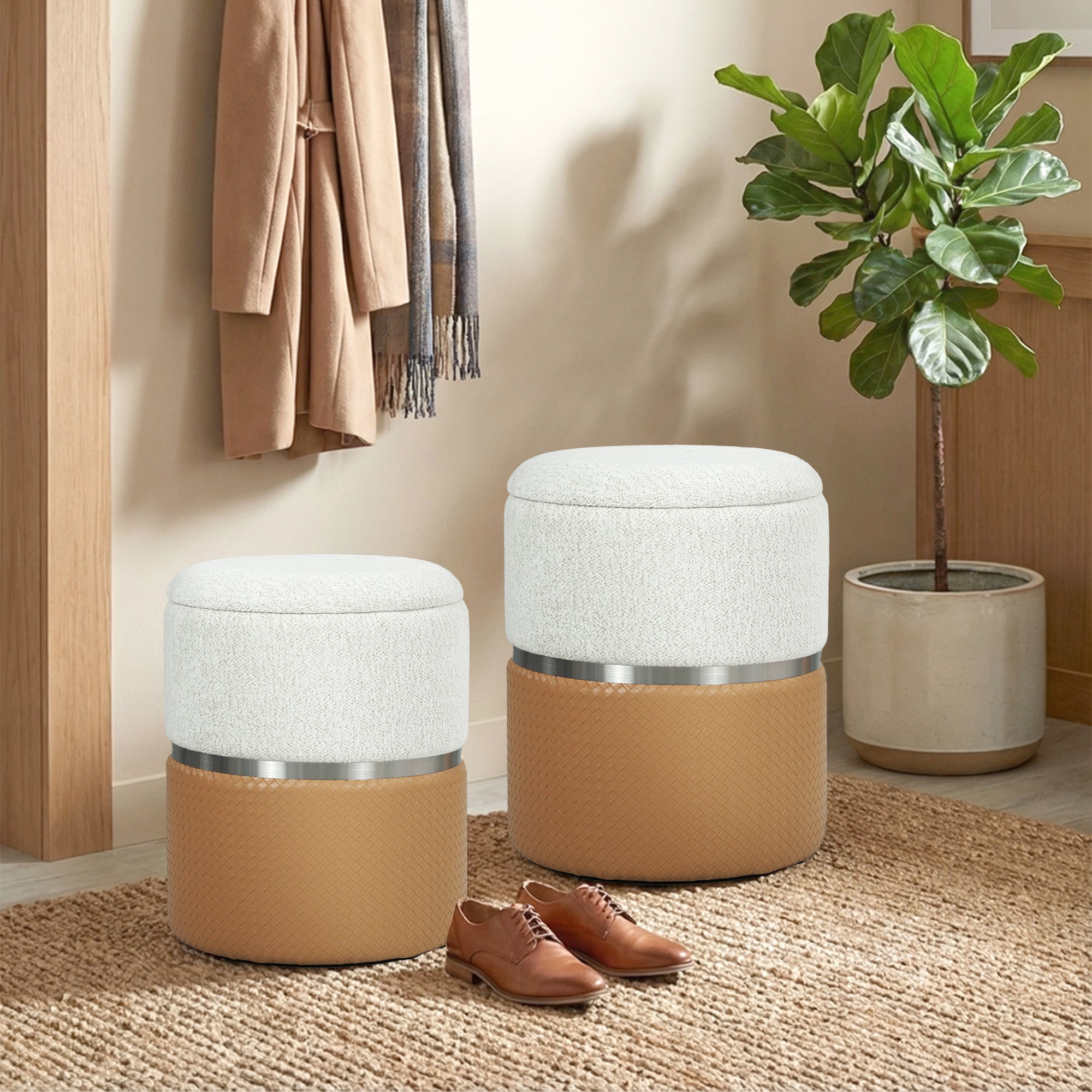 Homcom nesting round ottoman set of 2 with storage featuring cream textured tops and brown leather bases