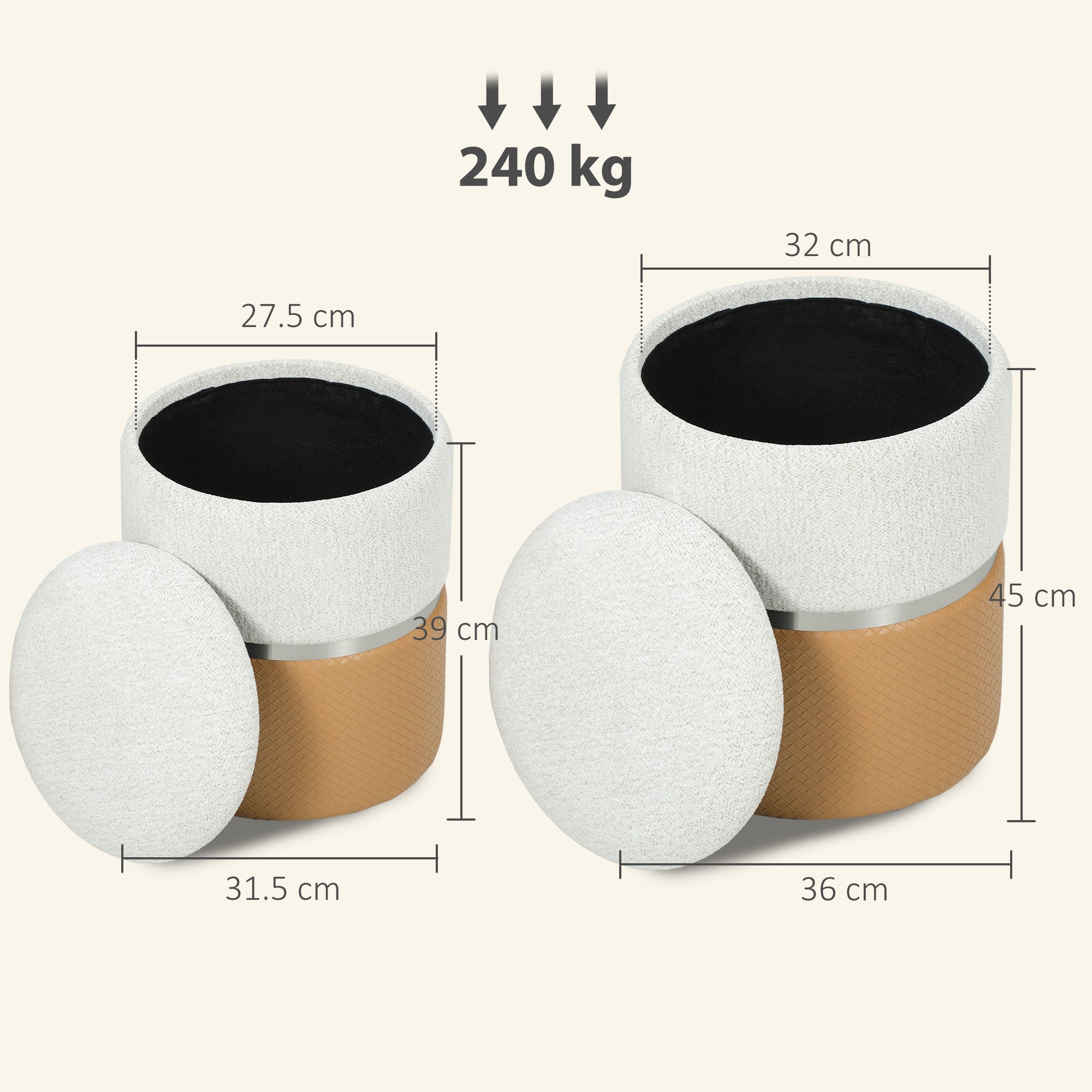 Cream and brown homcom nesting round ottoman set with white and tan upholstery and silver metallic storage band