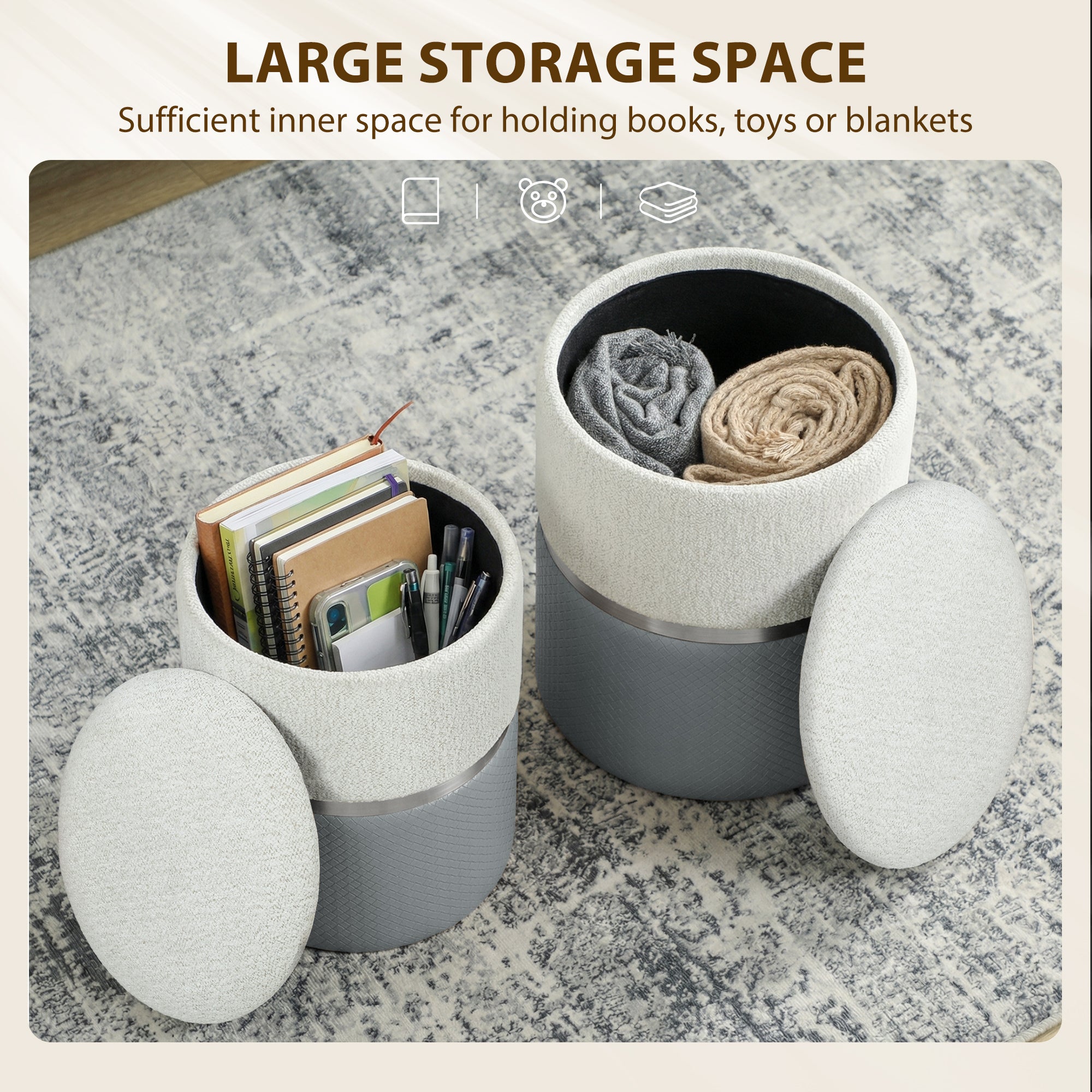Two cream and grey nesting round ottomans with textured fabric tops and matching lids for storage by homcom